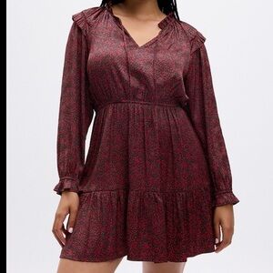 GAP Long Sleeve Tiered Burgundy Split-Neck CottegeCore Satin Mini Dress